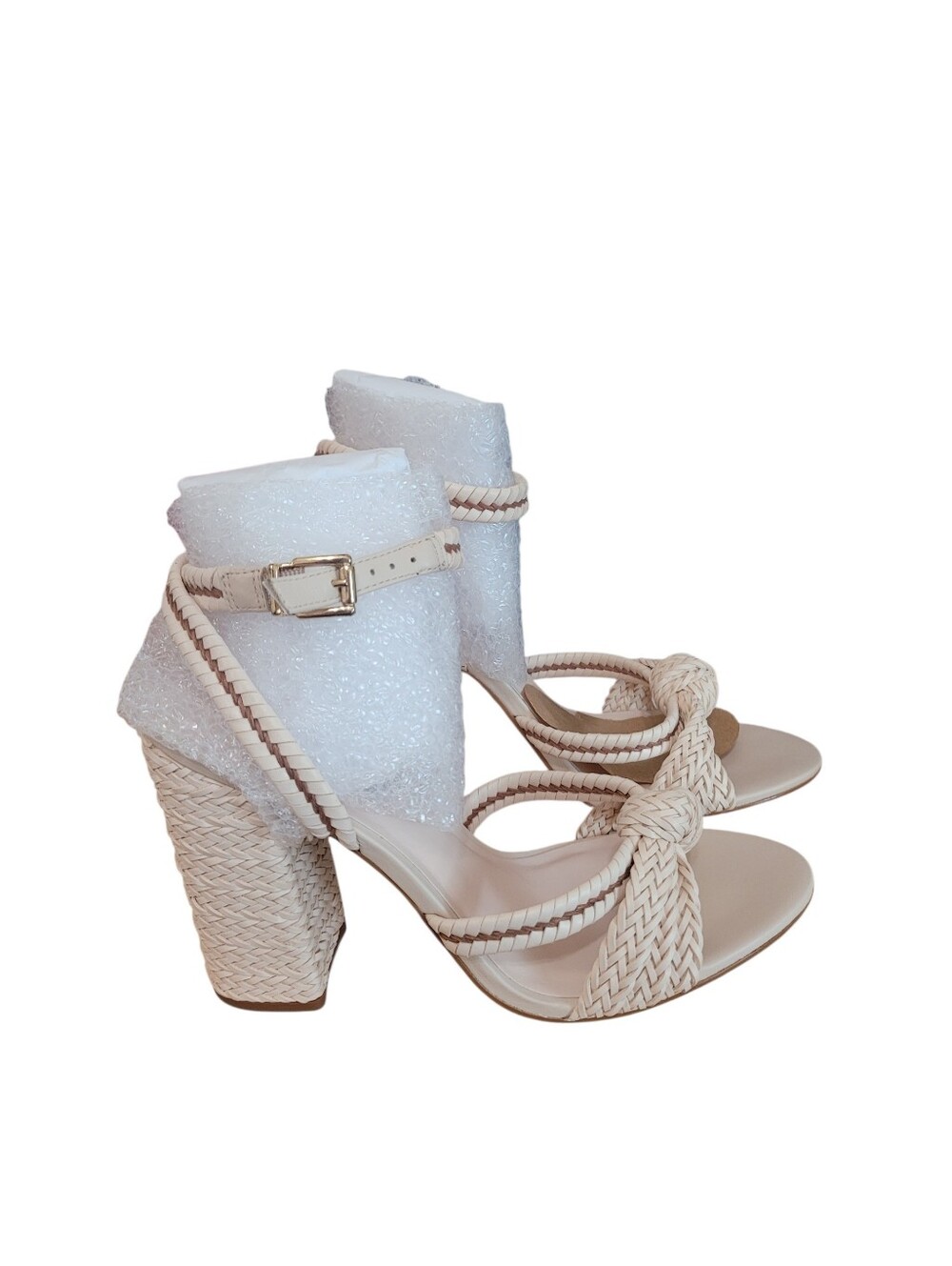 New Steve Madden Beige Knotted Woven Block Heel Sandals Ankle Strap 9.5 Leather - Picture 2 of 6